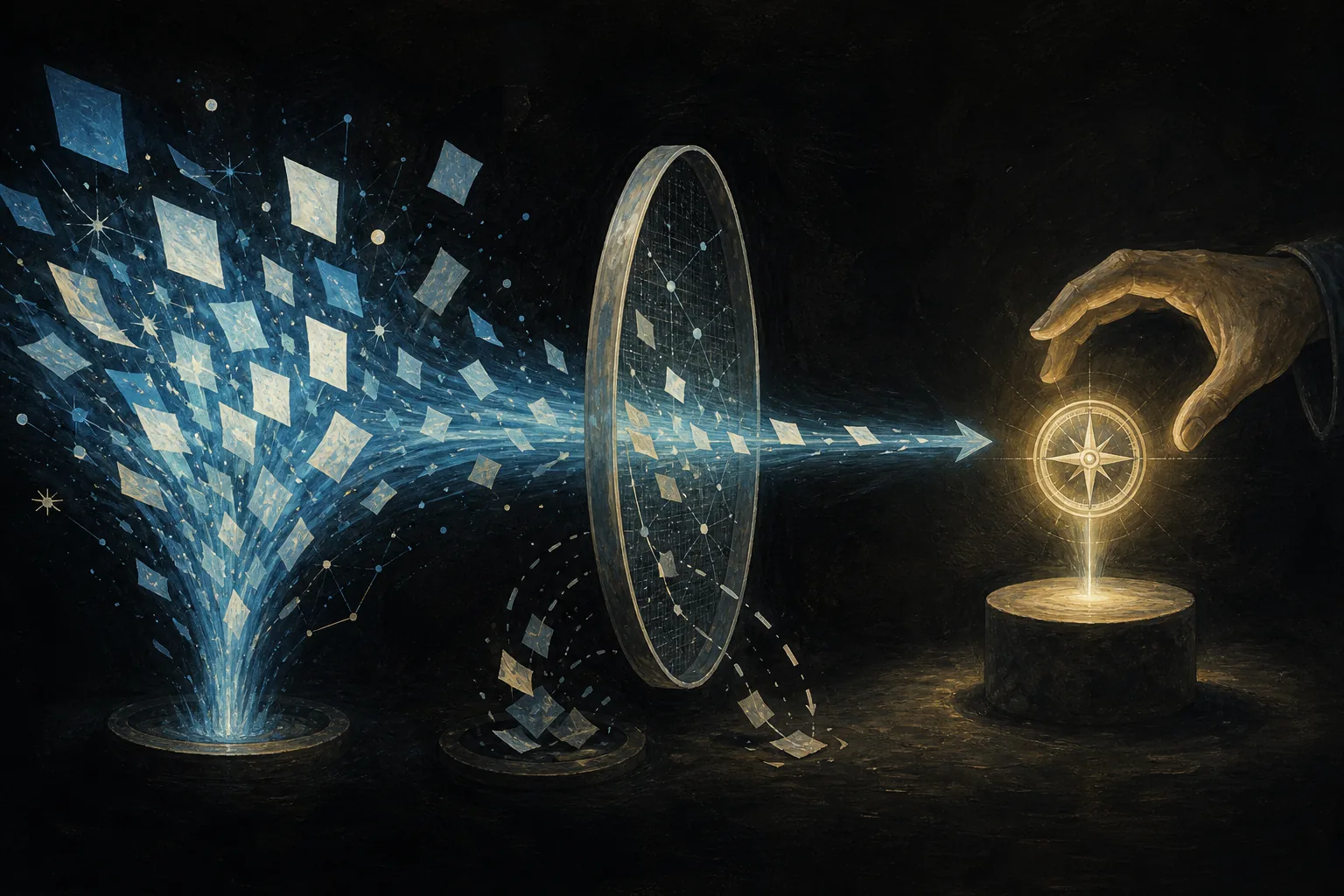 A painted flow diagram: a fountain of blue idea fragments passes through a circular verification sieve and narrows into one gold compass held above a pedestal.