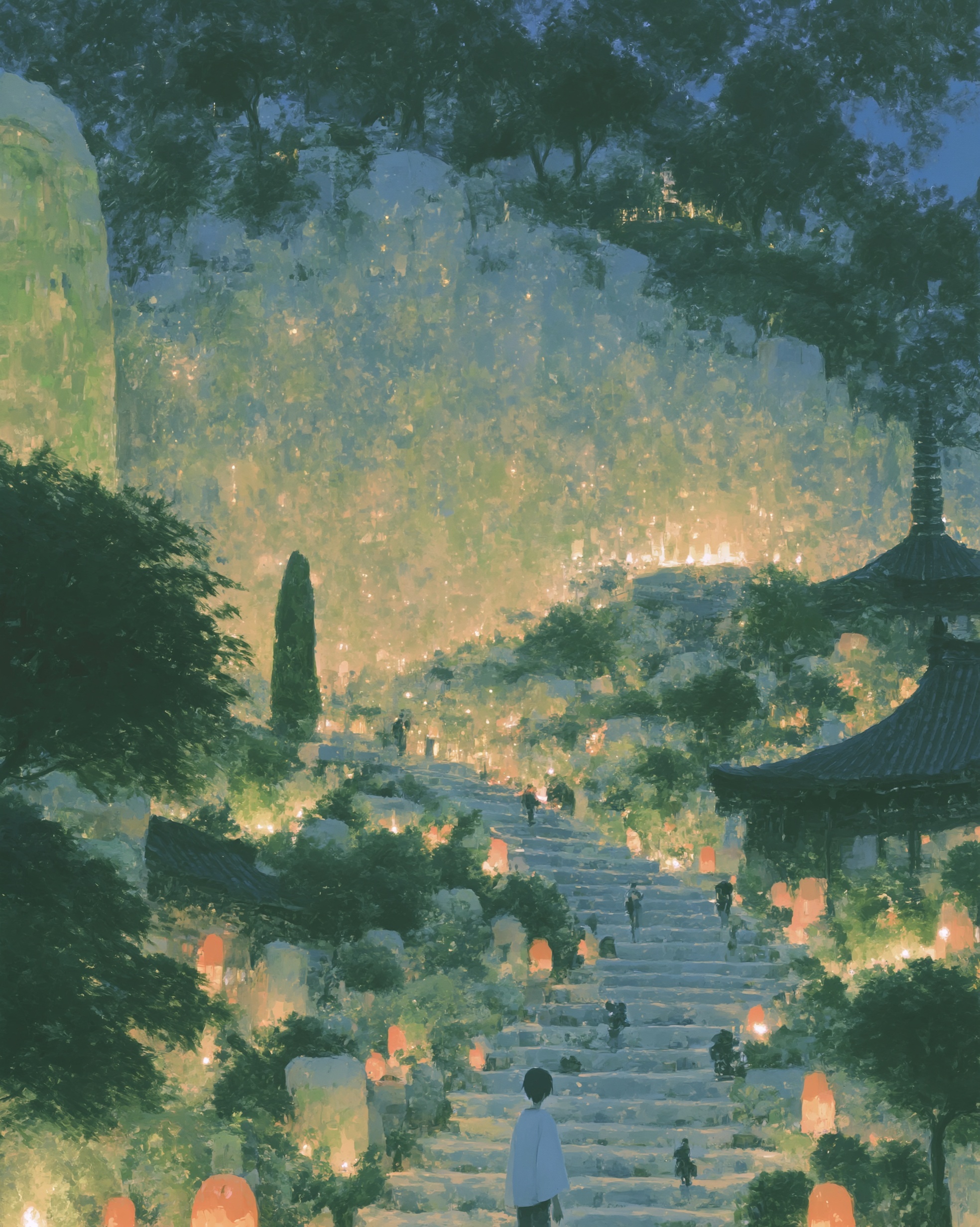 A painterly dusk garden with a lantern-lit stone path, ancient trees, and a lone figure walking toward a glowing hillside city.