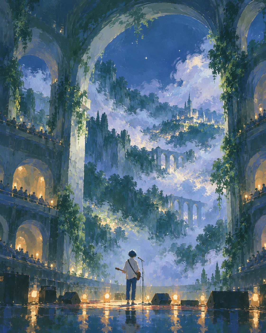 A lone guitarist stands onstage before a vast concert hall opening into a night landscape.