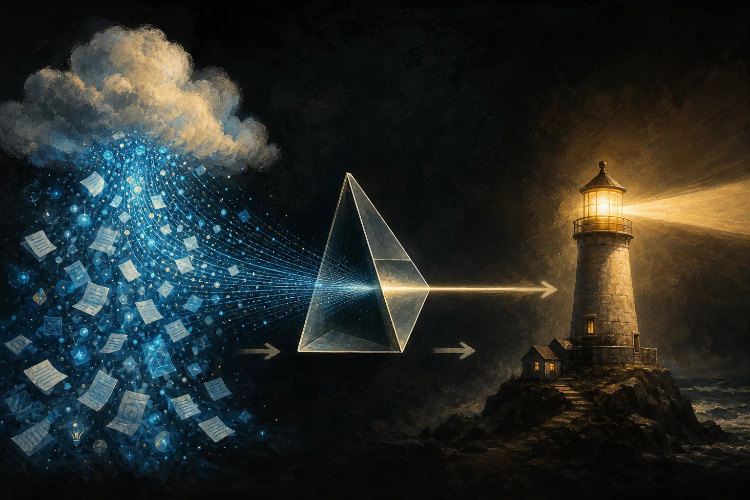 A painted diagram where a cloud releases many blue pages, a glass prism selects one clear beam, and the beam illuminates a lighthouse representing trust.