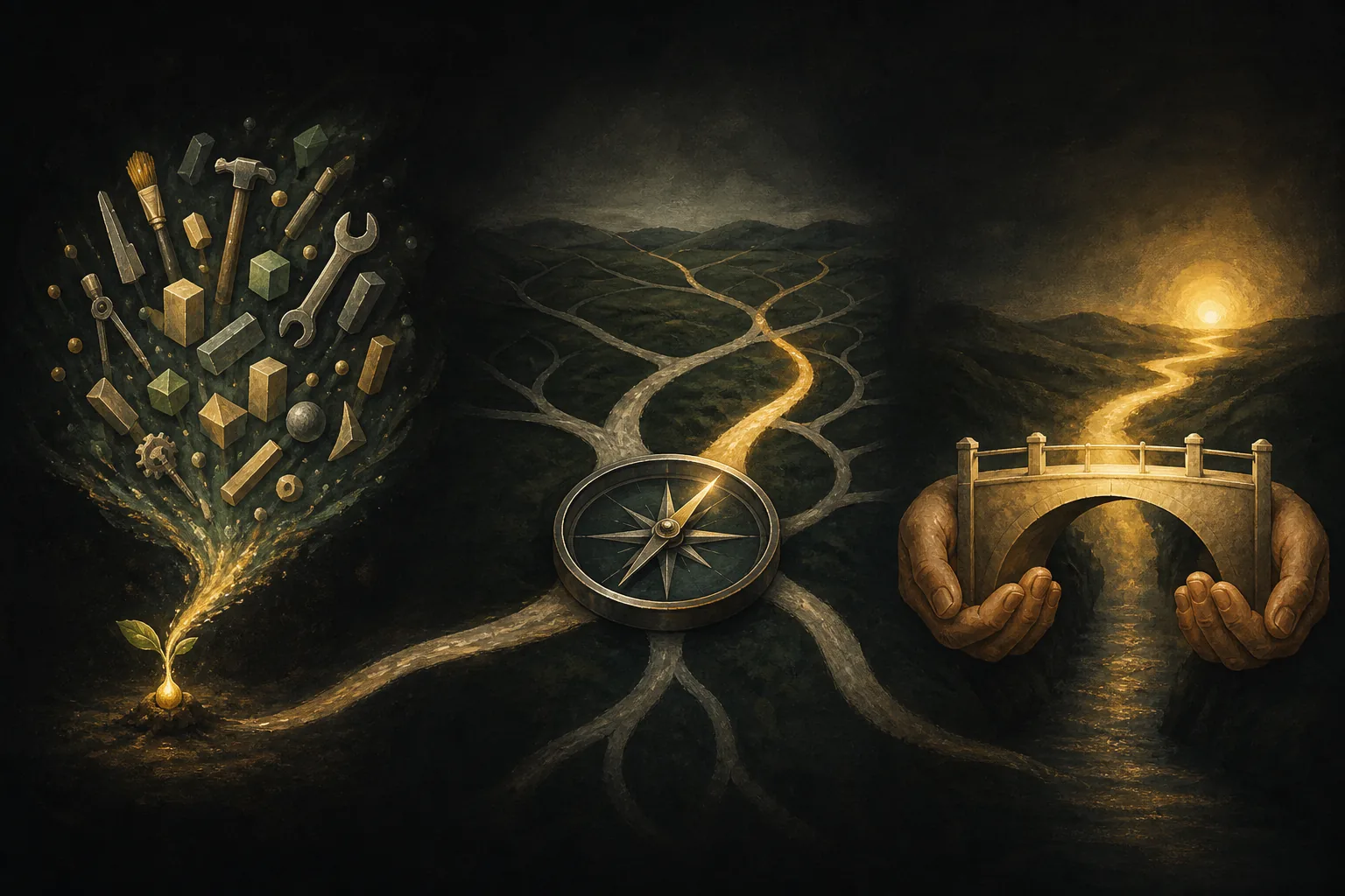 A painted diagram where tools and building blocks rise from a seed, a compass selects one path from many, and two hands support a finished bridge toward the light.