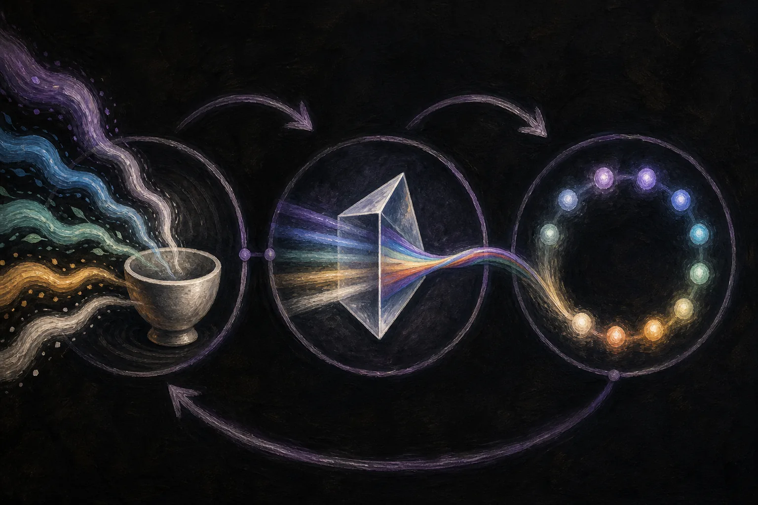 A painted circular diagram where many colored signals enter a listening vessel, pass through a translating prism, and return as a connected ring of community lights.