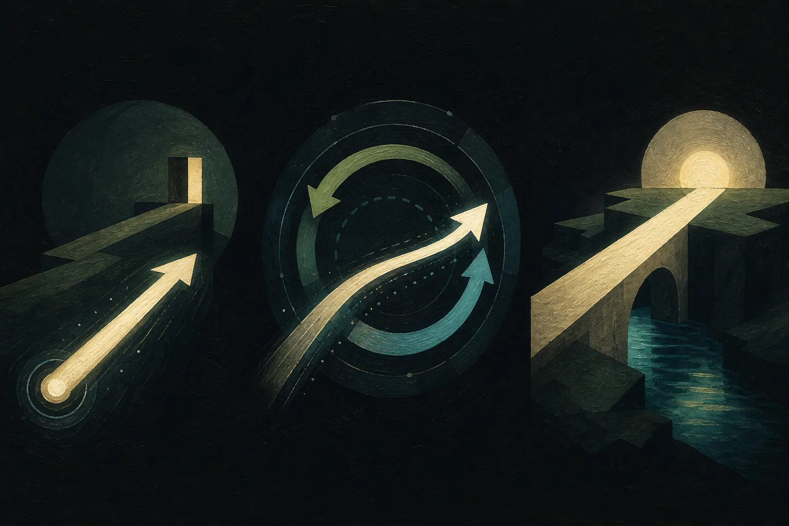 A painted diagram of a bright arrow beginning a journey, correcting its direction through a circular feedback loop, and becoming a solid bridge toward a lit destination.